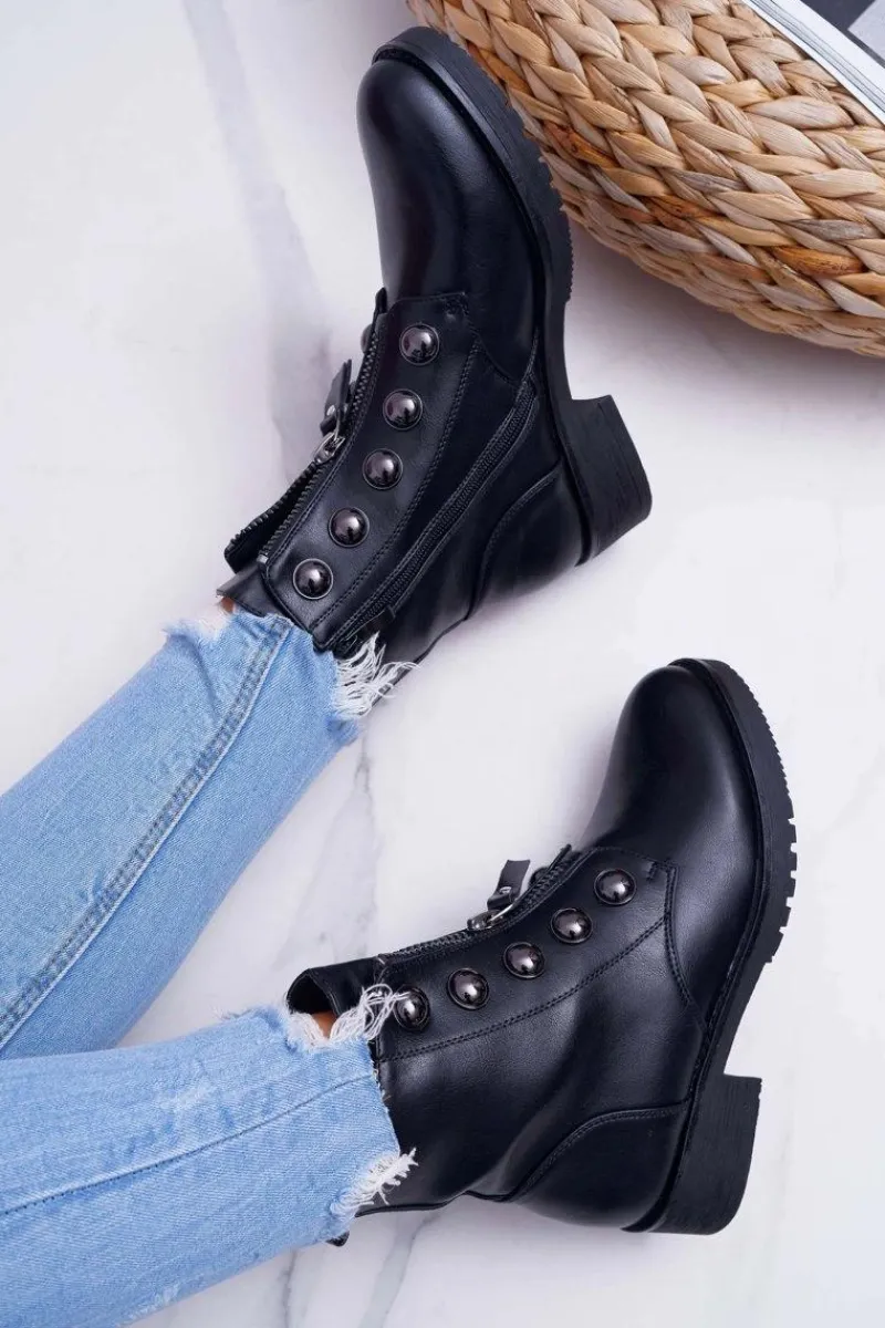 Outlet Botki Damskie Płaski Obcas Wysokie Czarne Yulio Damskie Botki Płaskie|Czarne Botki