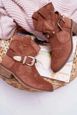 Sale Botki Damskie Płaski Obcas Kowbojki z Klamrą Camel Ewella Damskie Brązowe I Beżowe Botki|Botki Zamszowe