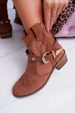 Sale Botki Damskie Płaski Obcas Kowbojki z Klamrą Camel Ewella Damskie Brązowe I Beżowe Botki|Botki Zamszowe