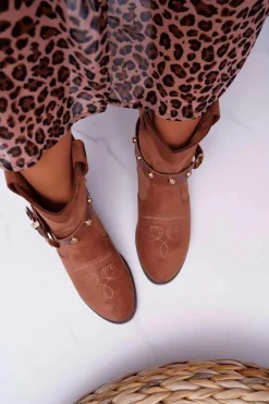 Sale Botki Damskie Płaski Obcas Kowbojki z Klamrą Camel Ewella Damskie Brązowe I Beżowe Botki|Botki Zamszowe