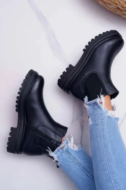 Discount Boto Botki Damskie Płaski Obcas Ciepłe Czarne Orion