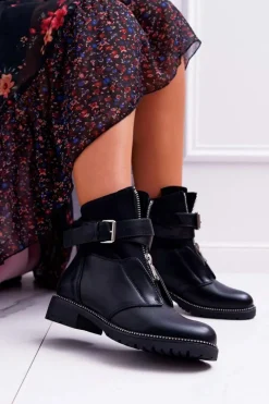 Botki Zimowe Damskie|Botki Płaskie>Boto Botki Damskie Płaski Obcas Militarne Czarne Travist