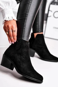 Outlet Damskie buty S.Barski Botki Damskie Płaski Obcas Ocieplane Jesienne Czarne Milky