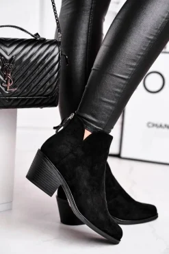 Outlet Damskie buty S.Barski Botki Damskie Płaski Obcas Ocieplane Jesienne Czarne Milky