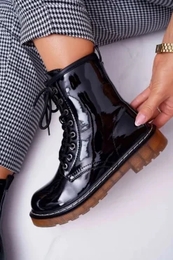 Clearance Botki Damskie Płaski Obcas Wysokie Glany Lakierowane Czarne Martenis Damskie Botki Sznurowane|Botki Zimowe Damskie