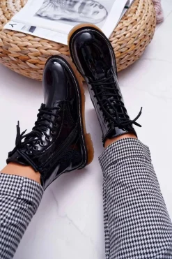 Clearance Botki Damskie Płaski Obcas Wysokie Glany Lakierowane Czarne Martenis Damskie Botki Sznurowane|Botki Zimowe Damskie