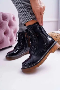 Clearance Botki Damskie Płaski Obcas Wysokie Glany Lakierowane Czarne Martenis Damskie Botki Sznurowane|Botki Zimowe Damskie