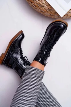 Clearance Botki Damskie Płaski Obcas Wysokie Glany Lakierowane Czarne Martenis Damskie Botki Sznurowane|Botki Zimowe Damskie