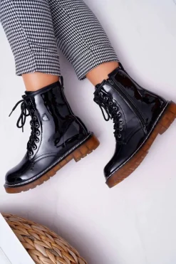 Clearance Botki Damskie Płaski Obcas Wysokie Glany Lakierowane Czarne Martenis Damskie Botki Sznurowane|Botki Zimowe Damskie