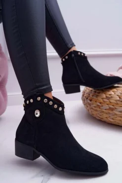 Sale Boto Botki Damskie Płaski Obcas Kowbojki Z Cyrkoniami Czarne Patti