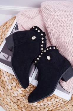 Sale Boto Botki Damskie Płaski Obcas Kowbojki Z Cyrkoniami Czarne Patti