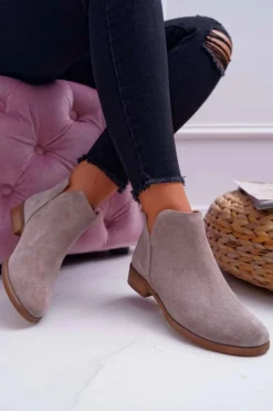 Boto Botki Damskie Płaski Obcas Wiosenne Skórzane Cappuccino Madness