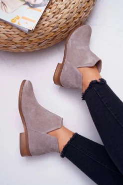 Boto Botki Damskie Płaski Obcas Wiosenne Skórzane Cappuccino Madness