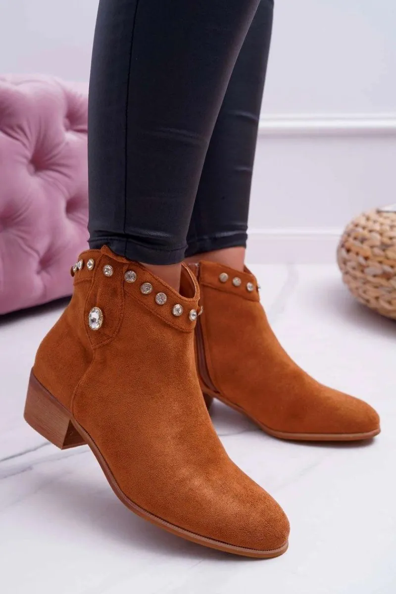 Brązowe I Beżowe Botki|Botki Zamszowe>Boto Botki Damskie Płaski Obcas Kowbojki Z Cyrkoniami Camel Patti