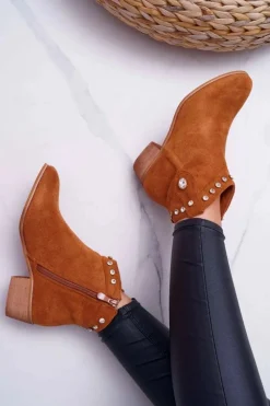 Brązowe I Beżowe Botki|Botki Zamszowe>Boto Botki Damskie Płaski Obcas Kowbojki Z Cyrkoniami Camel Patti