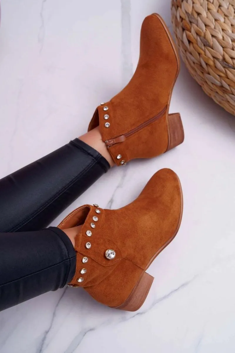 Brązowe I Beżowe Botki|Botki Zamszowe>Boto Botki Damskie Płaski Obcas Kowbojki Z Cyrkoniami Camel Patti