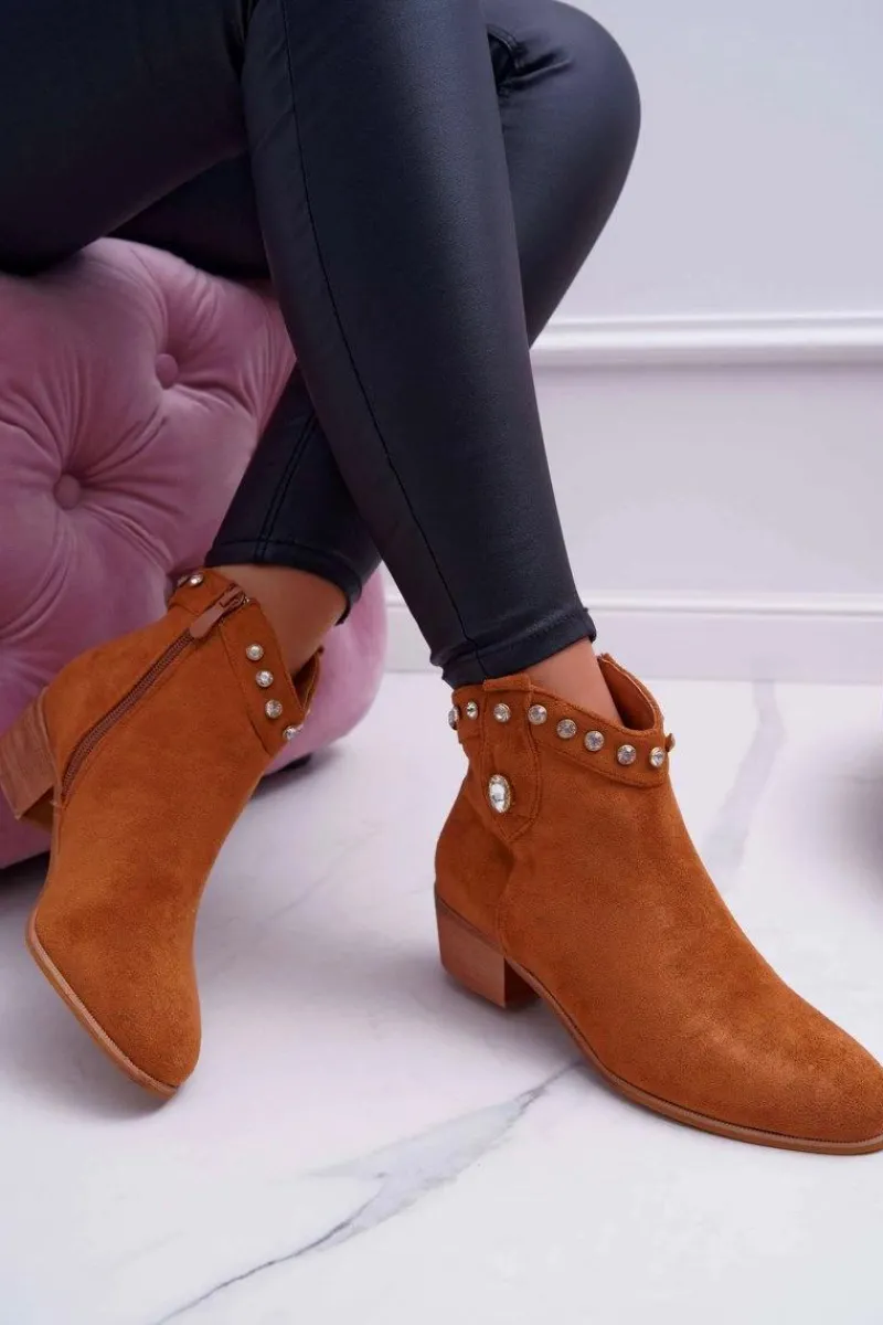 Brązowe I Beżowe Botki|Botki Zamszowe>Boto Botki Damskie Płaski Obcas Kowbojki Z Cyrkoniami Camel Patti