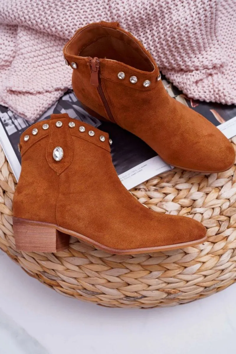 Brązowe I Beżowe Botki|Botki Zamszowe>Boto Botki Damskie Płaski Obcas Kowbojki Z Cyrkoniami Camel Patti