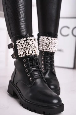 Botki Damskie Płaski Obcas Militarne Czarne Bemmer Damskie Botki Sznurowane|Czarne Botki