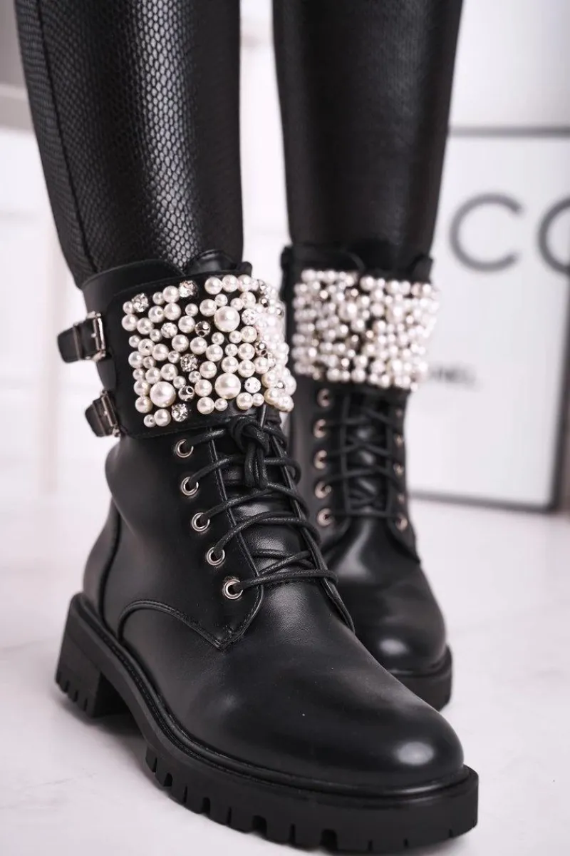 Botki Damskie Płaski Obcas Militarne Czarne Bemmer Damskie Botki Sznurowane|Czarne Botki