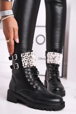 Botki Damskie Płaski Obcas Militarne Czarne Bemmer Damskie Botki Sznurowane|Czarne Botki