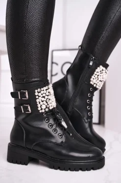 Botki Damskie Płaski Obcas Militarne Czarne Bemmer Damskie Botki Sznurowane|Czarne Botki