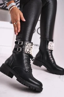 Botki Damskie Płaski Obcas Militarne Czarne Bemmer Damskie Botki Sznurowane|Czarne Botki