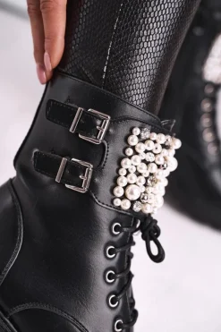 Botki Damskie Płaski Obcas Militarne Czarne Bemmer Damskie Botki Sznurowane|Czarne Botki