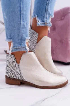 Clearance Boto Botki Damskie Płaski Obcas Wiosenne Skórzane Przecierane Złoto Madness