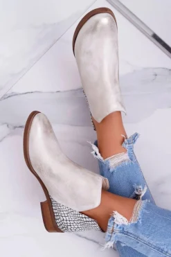 Clearance Boto Botki Damskie Płaski Obcas Wiosenne Skórzane Przecierane Złoto Madness