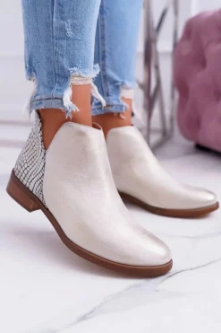 Clearance Boto Botki Damskie Płaski Obcas Wiosenne Skórzane Przecierane Złoto Madness