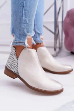 Clearance Boto Botki Damskie Płaski Obcas Wiosenne Skórzane Przecierane Złoto Madness