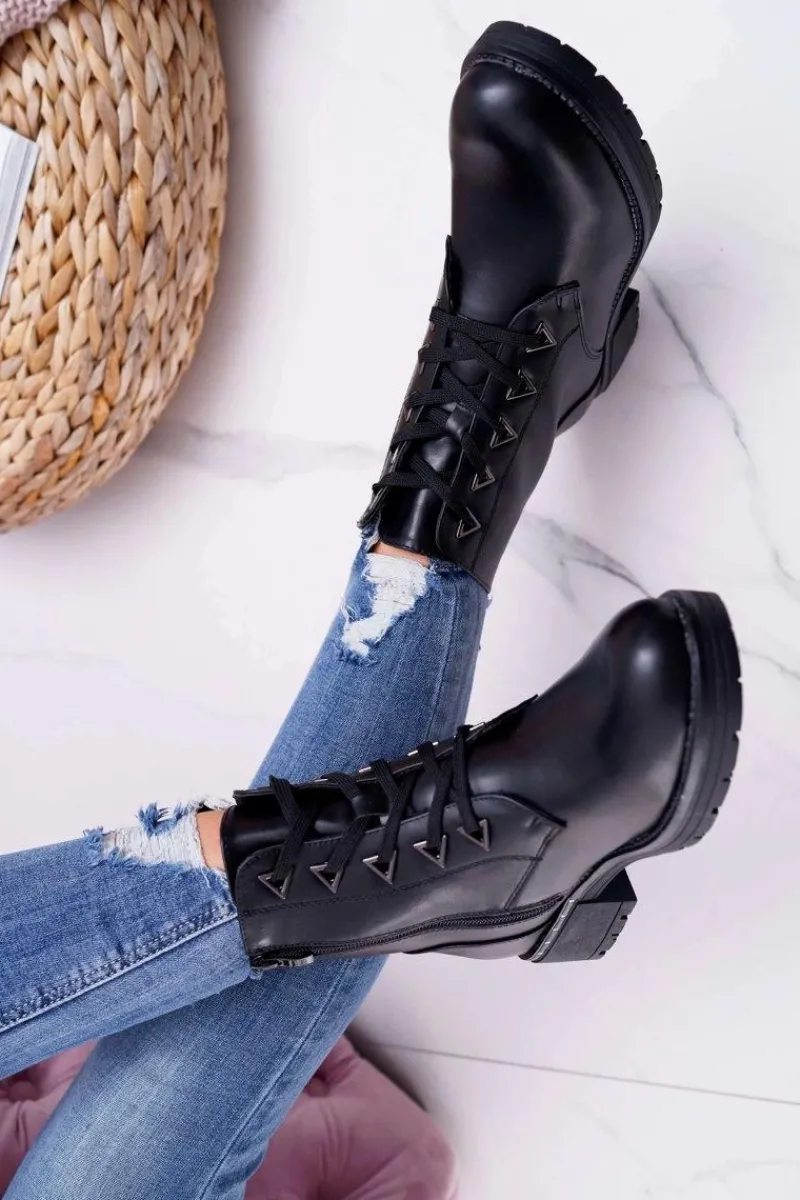 Botki Sznurowane|Botki Zimowe Damskie>Buty Sergio Leone Botki Damskie Płaski Obcas Czarne Sergio Leone TR718