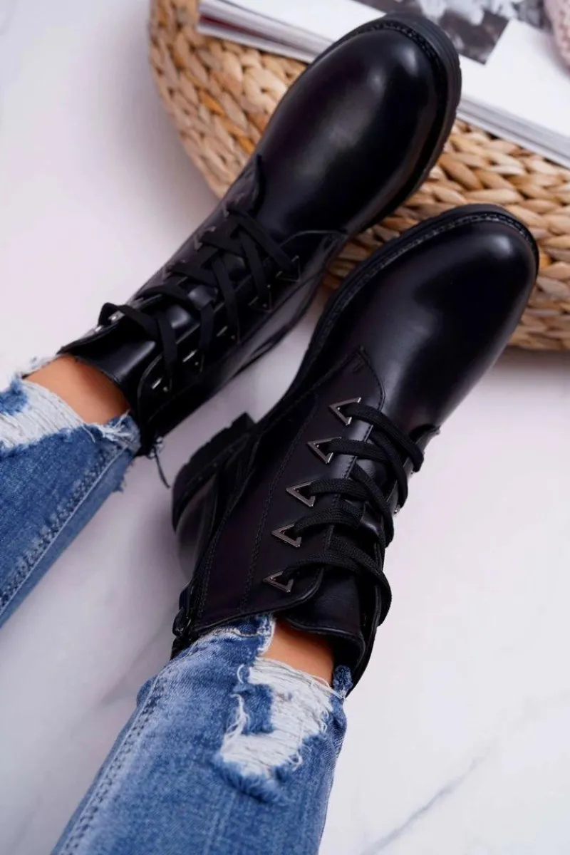 Botki Sznurowane|Botki Zimowe Damskie>Buty Sergio Leone Botki Damskie Płaski Obcas Czarne Sergio Leone TR718