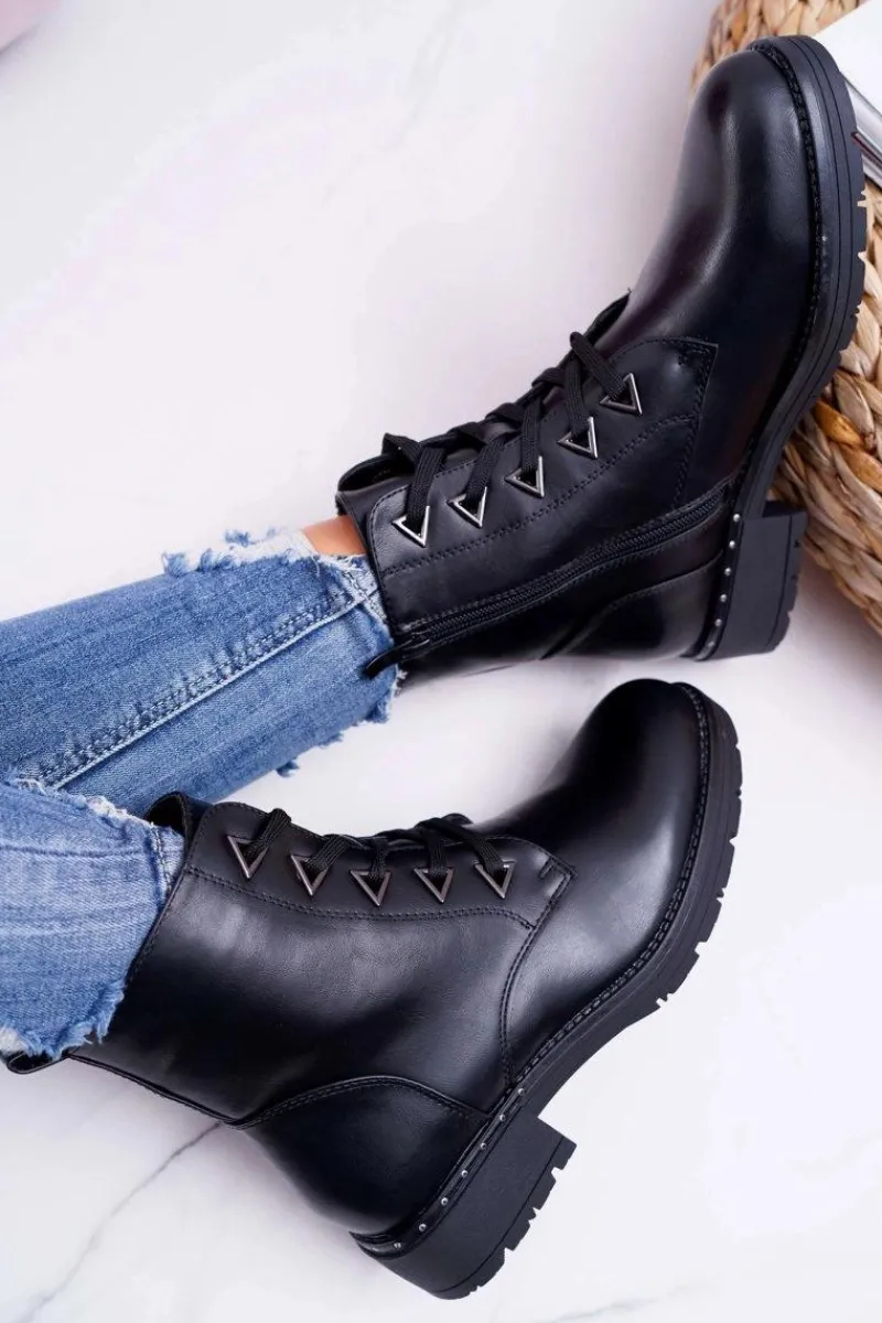 Botki Sznurowane|Botki Zimowe Damskie>Buty Sergio Leone Botki Damskie Płaski Obcas Czarne Sergio Leone TR718