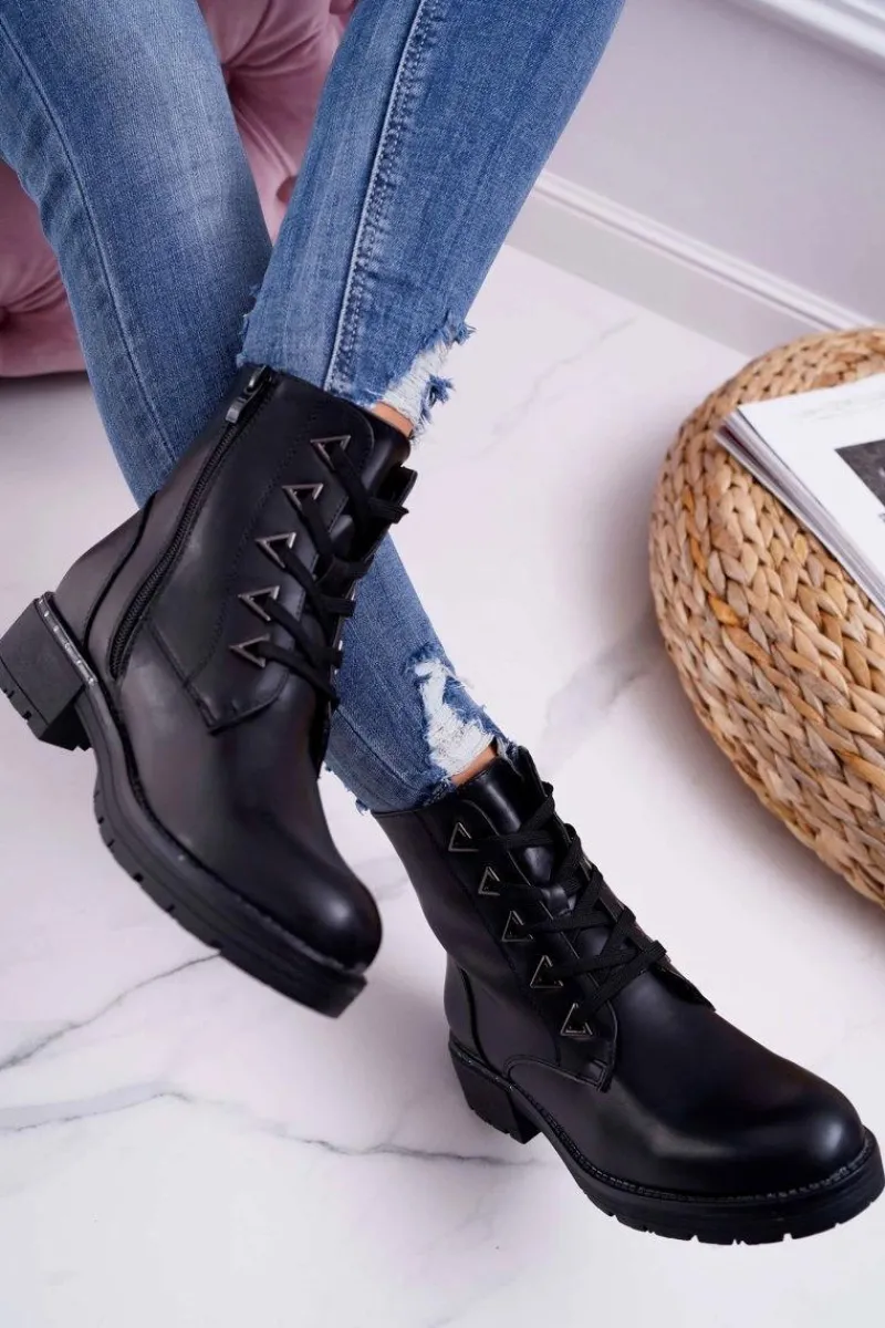 Botki Sznurowane|Botki Zimowe Damskie>Buty Sergio Leone Botki Damskie Płaski Obcas Czarne Sergio Leone TR718