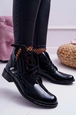 New Boto Botki Damskie Płaski Obcas Lakierowane Czarne Nicole 2420