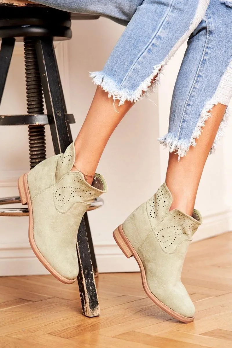 Sale Boto Botki Damskie Płaski Obcas Zamszowe Ażurowe Zielone Raffe