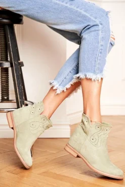 Sale Boto Botki Damskie Płaski Obcas Zamszowe Ażurowe Zielone Raffe