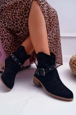 New Boto Botki Damskie Płaski Obcas Kowbojki z Klamrą Czarne Ewella