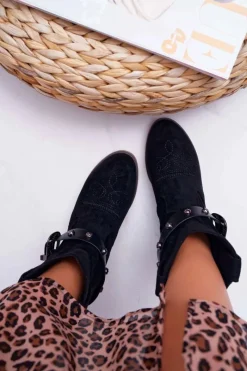 New Boto Botki Damskie Płaski Obcas Kowbojki z Klamrą Czarne Ewella