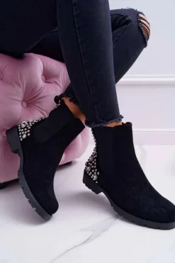 Botki Zimowe Damskie|Botki Zamszowe>Boto Botki Damskie Płaski Obcas Dżety Ćwieki Czarne Binary