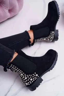 Botki Zimowe Damskie|Botki Zamszowe>Boto Botki Damskie Płaski Obcas Dżety Ćwieki Czarne Binary