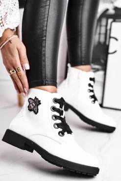 Botki Sznurowane|Botki Zimowe Damskie>Buty Sergio Leone Botki Damskie Płaski Obcas Glany Lakierowane Białe Sergio Leone BT530