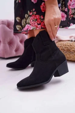 Boto Botki Damskie Płaski Obcas Kowbojki Czarne Telifa