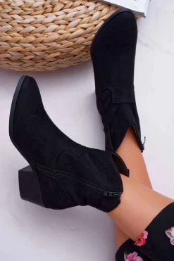 Boto Botki Damskie Płaski Obcas Kowbojki Czarne Telifa