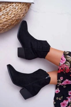 Boto Botki Damskie Płaski Obcas Kowbojki Czarne Telifa