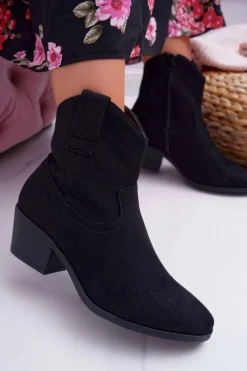 Boto Botki Damskie Płaski Obcas Kowbojki Czarne Telifa