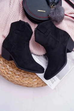 Boto Botki Damskie Płaski Obcas Kowbojki Czarne Telifa