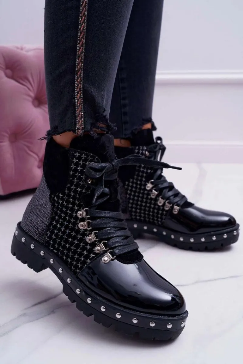 Botki Sznurowane|Botki Płaskie>Boto Botki Damskie Płaski Obcas Czarne Farell